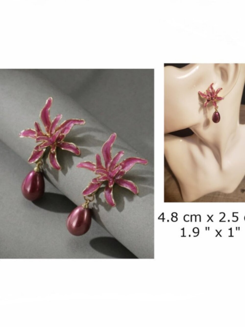 New fuchsia Fancy Flower Pearl Dangling Pendant Earrings